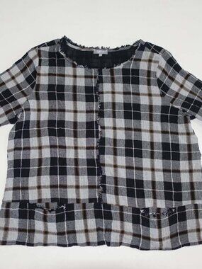 Habitat Clothes to Live In Women's Blouse Large 3/4 Sleeves Gray Black Plaid L